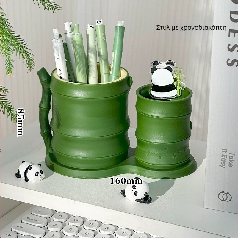 Δοχείο για στυλό Panda Bamboo με περιστροφή 360° για γραφείο - τριγωνικός πλαστικός οργανωτής