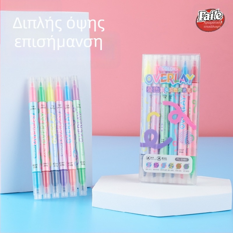 Paicai διπλής κεφαλής highlighter marker, δύο χρώματα, μεγάλη χωρητικότητα, μοντέλο FL-2960-6, περίβλημα PP