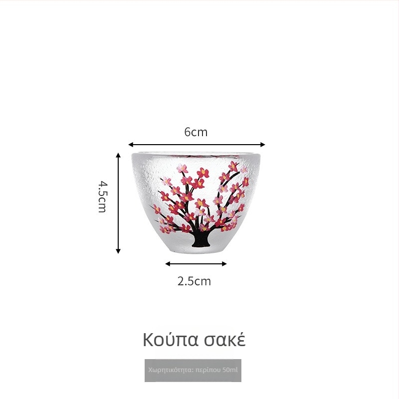 Σετ γυαλιού σακέ με χειροποίητα σχέδια ανθών κερασιάς και δαμάσκηνου — περιλαμβάνει 4 ποτήρια σακέ, δοχείο σακέ και δοχείο κρασιού — μοντέρνος μινιμαλισμός
