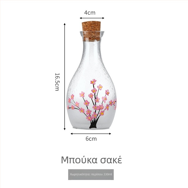 Σετ γυαλιού σακέ με χειροποίητα σχέδια ανθών κερασιάς και δαμάσκηνου — περιλαμβάνει 4 ποτήρια σακέ, δοχείο σακέ και δοχείο κρασιού — μοντέρνος μινιμαλισμός
