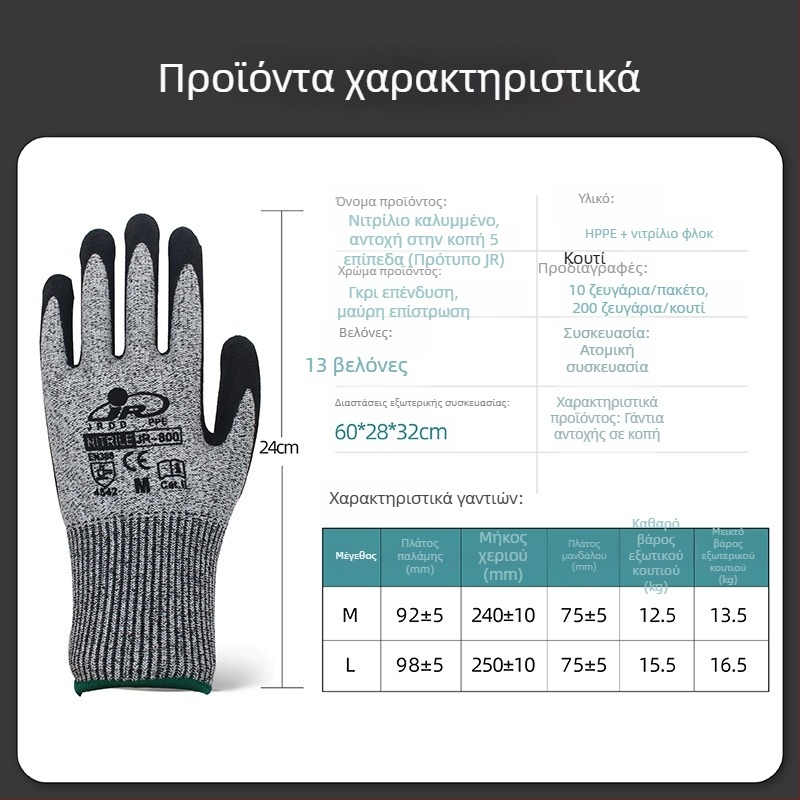Βιομηχανικά γάντια εργασίας με νήμα HPPE κατά της κοπής, TPR προστασία για τα αρμοί των δακτύλων, απορρόφηση κραδασμών και αντιολισθητική λαβή, κατάλληλα για εργοστάσια και βαριά βιομηχανία
