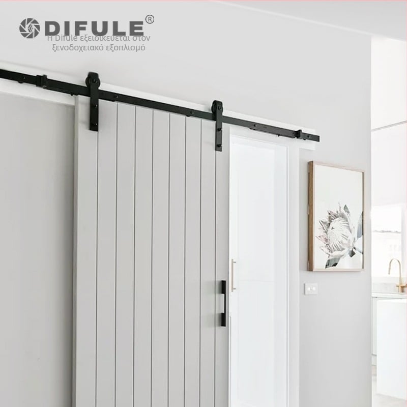 Σύστημα πόρτας τύπου barn με ράγα και τροχούς, μοντέλο DFL-GC001, χάλυβας άνθρακας, φινίρισμα ηλεκτροφόρησης, φορτίο έως 150 kg, κατάλληλο για πόρτες barn, γραφείου, κουζίνας