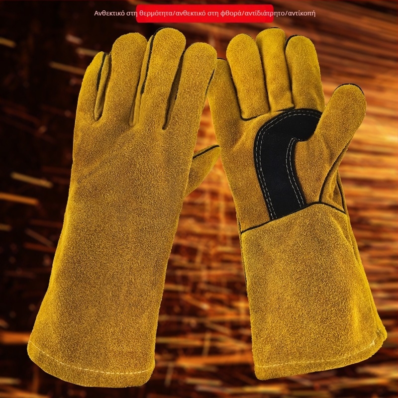 Γάντια συγκόλλησης από δέρμα βοδινού — θερμοανθεκτικά και πυροπροστατευτικά, ανθεκτικά στη φθορά και στη διάτρηση, αντιολισθητικά, με επιμηκυμένο μήκος