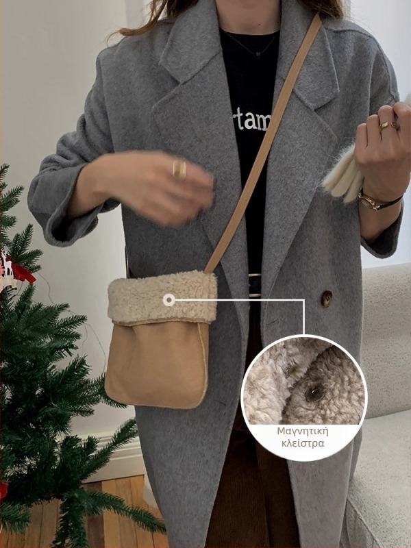 Τσάντα crossbody από βελούρι, κάθετη τετράγωνη μορφή, θήκη για κινητό, επένδυση πολυεστέρα, ανοιχτή στην κορυφή