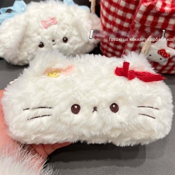 Τσάντα για μολύβια από βελούδινο ύφασμα με σχέδιο γάτας, μεγάλη χωρητικότητα, γέμισμα PP βαμβάκι, κοντό plush, κατάλληλη για ηλικίες 7–14 ετών