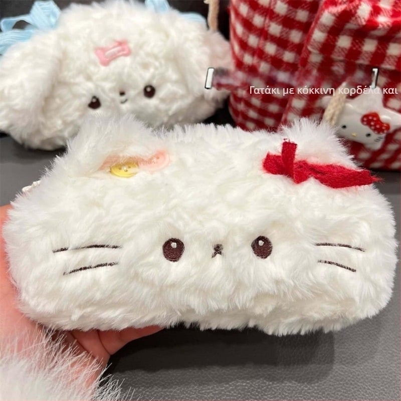 Τσάντα για μολύβια από βελούδινο ύφασμα με σχέδιο γάτας, μεγάλη χωρητικότητα, γέμισμα PP βαμβάκι, κοντό plush, κατάλληλη για ηλικίες 7–14 ετών