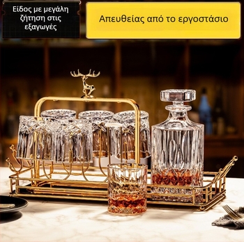 Σετ κρυστάλλου ουίσκι σε ευρωπαϊκό κλασικό στυλ – 1 φιάλη, 6 ποτήρια, θήκη ποτηριών με μοτίβο ελάφου και καθρέπτης δίσκος