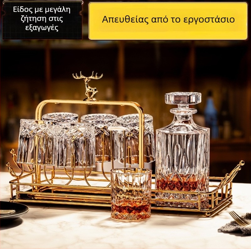 Σετ κρυστάλλου ουίσκι σε ευρωπαϊκό κλασικό στυλ – 1 φιάλη, 6 ποτήρια, θήκη ποτηριών με μοτίβο ελάφου και καθρέπτης δίσκος