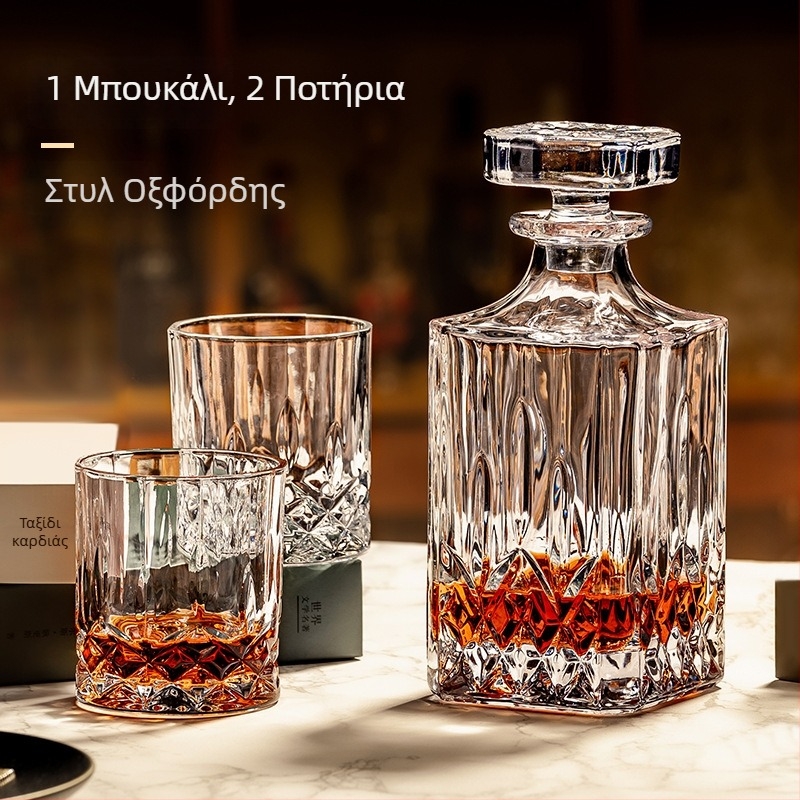 Σετ κρυστάλλου ουίσκι σε ευρωπαϊκό κλασικό στυλ – 1 φιάλη, 6 ποτήρια, θήκη ποτηριών με μοτίβο ελάφου και καθρέπτης δίσκος