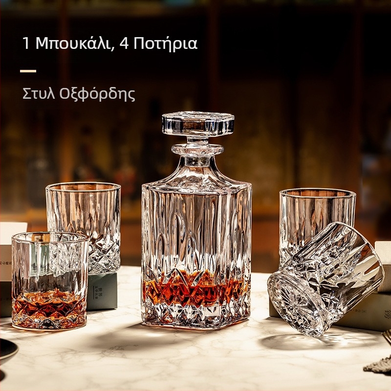 Σετ κρυστάλλου ουίσκι σε ευρωπαϊκό κλασικό στυλ – 1 φιάλη, 6 ποτήρια, θήκη ποτηριών με μοτίβο ελάφου και καθρέπτης δίσκος