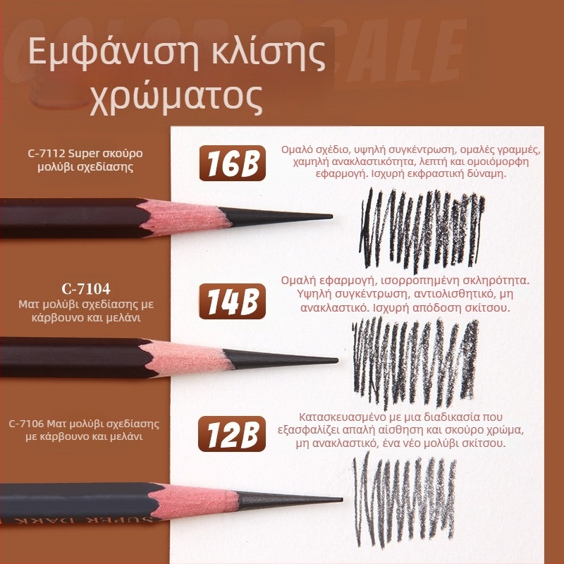 Μολύβια σκίτσου Marie’s C7104 για αρχάριους — 12B, 14B, 16B, ματ φινίρισμα, με άνθρακα για καλλιτεχνικές εξετάσεις