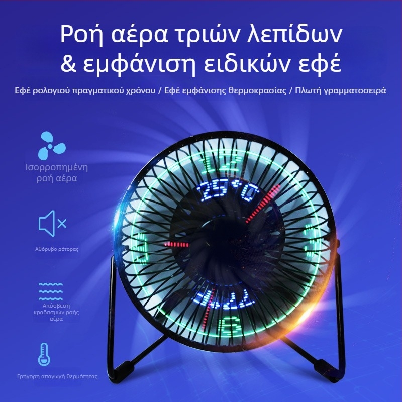 USB ανεμιστήρας με οθόνη ώρας, LED κείμενο που αναβοσβήνει, συμπαγής επιτραπέζιος ανεμιστήρας