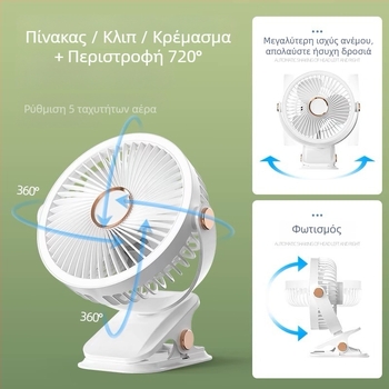Clip-on USB επαναφορτιζόμενος ανεμιστήρας γραφείου – μικρός, με 3 λεπίδες, ενσωματωμένη μπαταρία 300–500mAh, USB παροχή, 3 ταχύτητες, θόρυβος κάτω από 36 dB