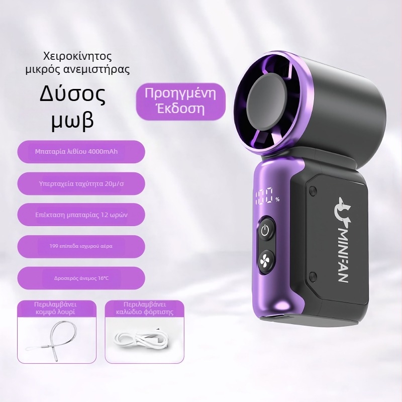Φορητός ανεμιστήρας τσέπης USB με Brushless κινητήρα, ενσωματωμένη μπαταρία 4000–6000mAh, 6 λεπίδες, απρόσκοπτη ρύθμιση ταχύτητας ανέμου