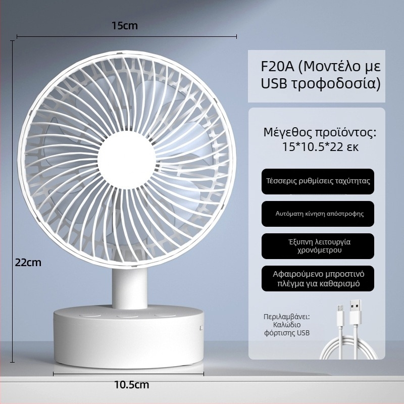 USB ανεμιστήρας γραφείου με 4 ταχύτητες, brushless κινητήρας, ενσωματωμένη επαναφορτιζόμενη μπαταρία 1200-2000mAh, χαμηλός θόρυβος κάτω από 36 dB, κατάλληλος για χώρο 5–30 τ.μ.