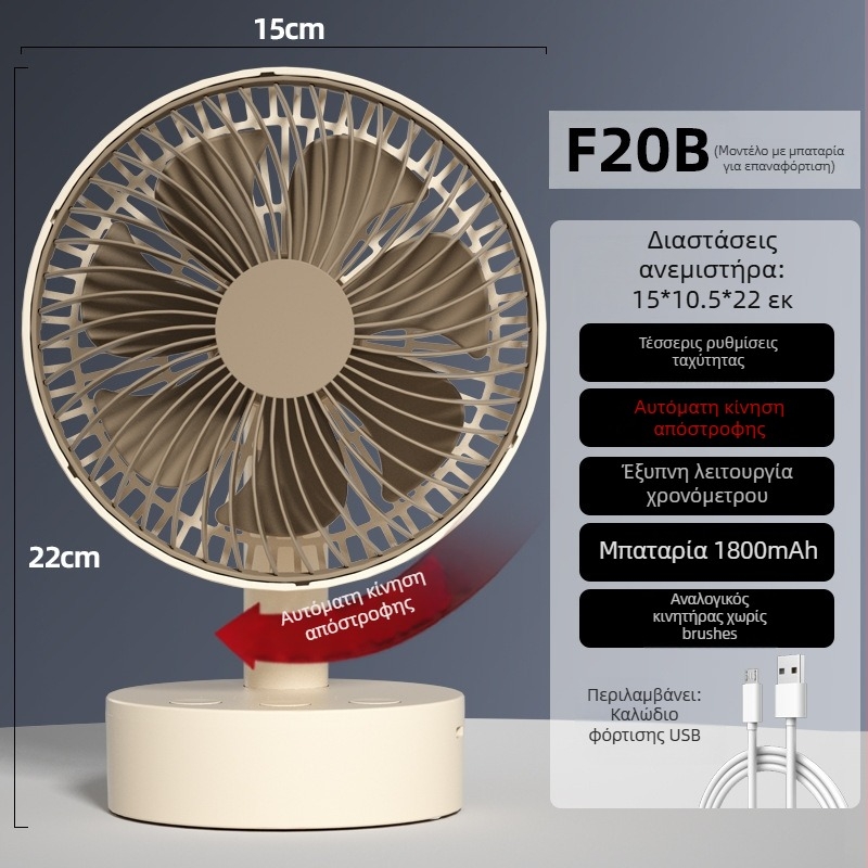USB ανεμιστήρας γραφείου με 4 ταχύτητες, brushless κινητήρας, ενσωματωμένη επαναφορτιζόμενη μπαταρία 1200-2000mAh, χαμηλός θόρυβος κάτω από 36 dB, κατάλληλος για χώρο 5–30 τ.μ.