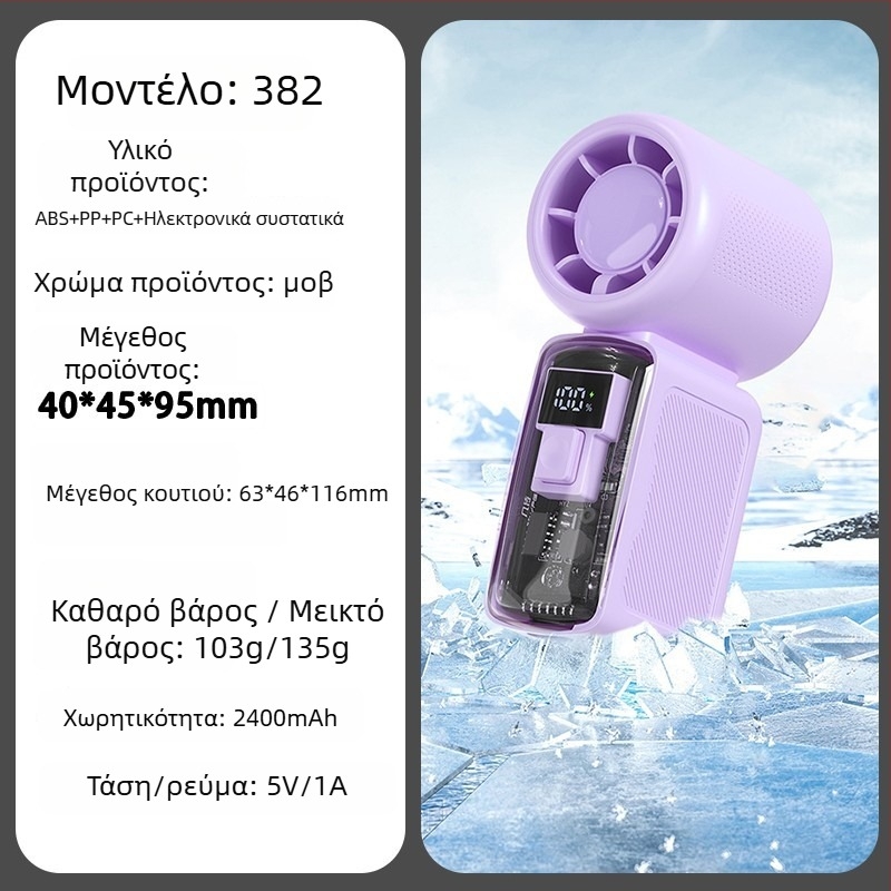 Χειροκίνητος ανεμιστήρας με brushless κινητήρα, ABS περίβλημα, 5 λεπίδες, εσωτερική μπαταρία 2000-4000mAh, 5 ταχύτητες ροής αέρα, φόρτιση USB και ασύρματη φόρτιση