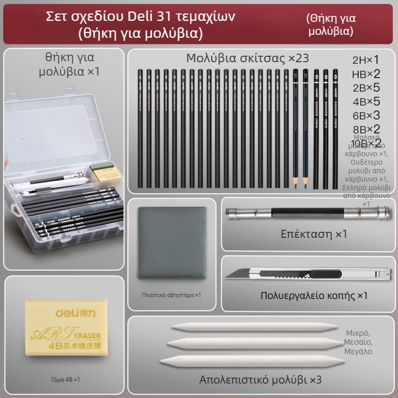 Deli σετ μολυβιών κάρβουνου για αρχάριους με πλαστικό περίβλημα, περιλαμβάνει μαλακά, μεσαία και σκληρά μολύβια κάρβουνου για μαθητές