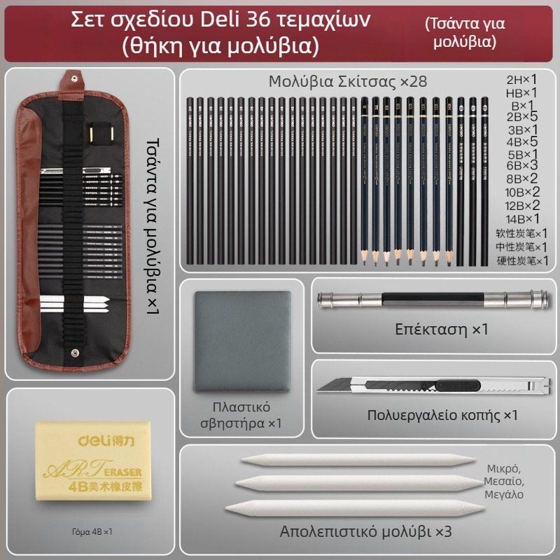 Deli σετ μολυβιών κάρβουνου για αρχάριους με πλαστικό περίβλημα, περιλαμβάνει μαλακά, μεσαία και σκληρά μολύβια κάρβουνου για μαθητές