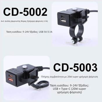 Φορτιστής μοτοσικλέτας με δύο USB θύρες, πρωτόκολλο γρήγορης φόρτισης και αδιάβροχος διακόπτης