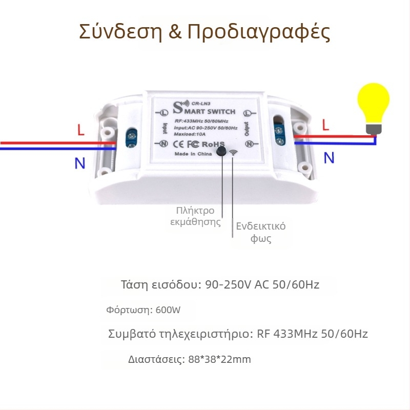 Ασύρματος Διακόπτης Φωτισμού με Απομακρυσμένο Έλεγχο, 433MHz RF, 220V, αυτοκόλλητος (433 MHz RF, 220V, ασύρματος, αυτοκόλλητος)