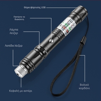 Que chuang επαναφορτιζόμενος δείκτης λέιζερ με εμβέλεια 1 χλμ, μήκος κύματος 523 nm και μπαταρία λιθίου.