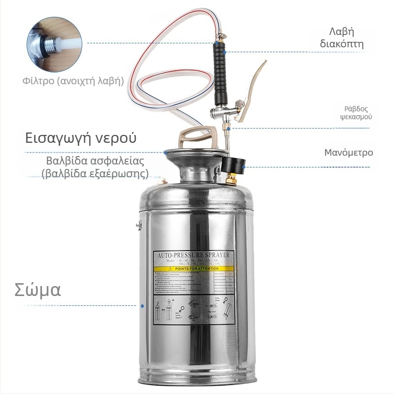 Χειροκίνητος ψεκαστήρας από ανοξείδωτο ατσάλι, χωρητικότητας 8L/10L/12L/16L, για κηπουρική και γεωργική χρήση