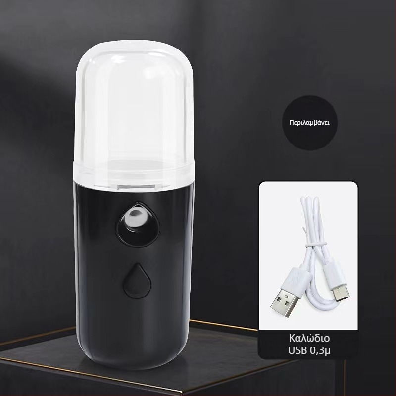 Νάνο σπρέι ενυδάτωσης προσώπου — φορητός χειρός ψεκαστήρας, κρύος ψεκασμός, 1η ρύθμιση, ενσωματωμένη μπαταρία 100–300 mAh, διάρκεια ομίχλης έως 10 s, αυτονομία 1–3 h