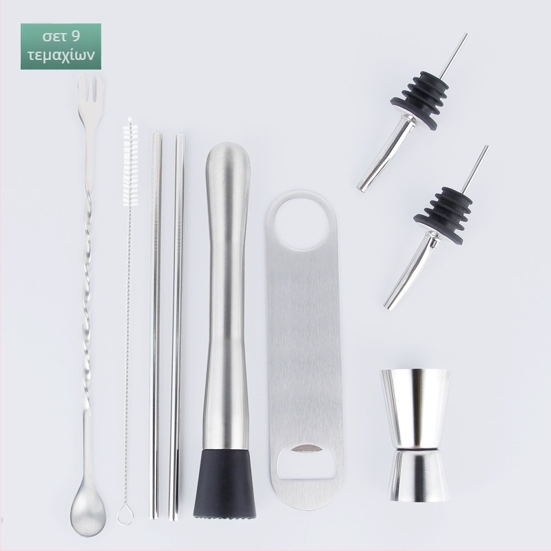 Σετ μπαρ από ανοξείδωτο ατσάλι με εργαλεία κοκτέιλ — κουτάλι ανάμειξης, μετρητικά κύπελλα, πορτοφόρες για κρασί, καλαμάκια και ανοιχτήρια μπουκαλιών; Διαθέσιμο σε σετ 2/3/5/8/9 τεμαχίων; κυκλοφόρησε το καλοκαίρι του 2024.