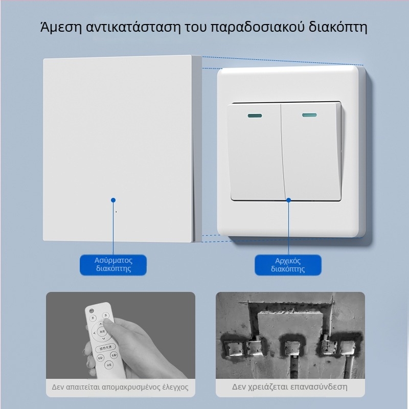 Ασύρματος διακόπτης με τηλεχειρισμό για οικιακή χρήση, επιτοίχιος, 220V, τοίχου με διπλό έλεγχο, αυτοκόλλητος