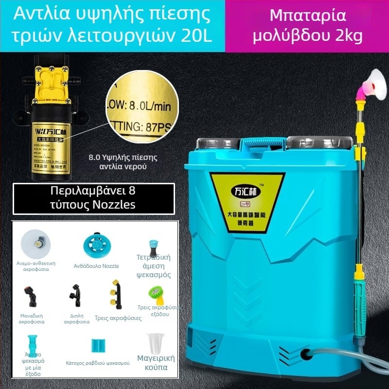 Ψεκαστήρας πλάτης για φυτοπροστασία με διπλό καπάκι, τριών διακοπτών, μπαταρία λιθίου, υψηλή πίεση, 20L