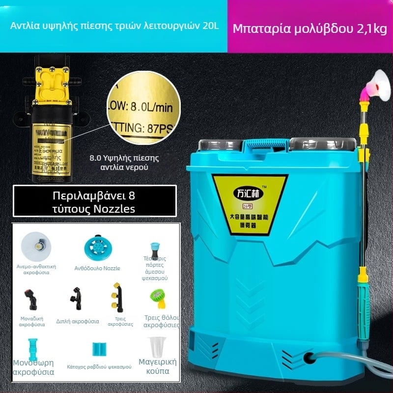 Ψεκαστήρας πλάτης για φυτοπροστασία με διπλό καπάκι, τριών διακοπτών, μπαταρία λιθίου, υψηλή πίεση, 20L