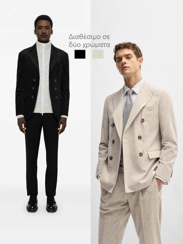 Αντρικό κοστούμι από corduroy – 100% βαμβάκι, σακάκι με πέτο, χοντρό, διπλά κουμπιά, σετ σακάκι και παντελόνι