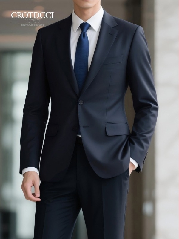 Ανδρικό κοστούμι φθινοπωρινό business casual σε ναυτικό μπλε, εφαρμογή slim fit, επίσημο ένδυμα για εργασία