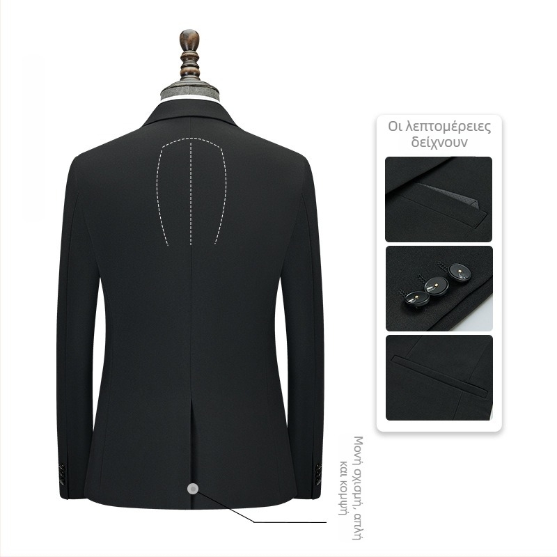 Ανδρικό μαύρο κοστούμι slim-fit για επαγγελματικό ντύσιμο, κατάλληλο για συνεντεύξεις και γάμους.