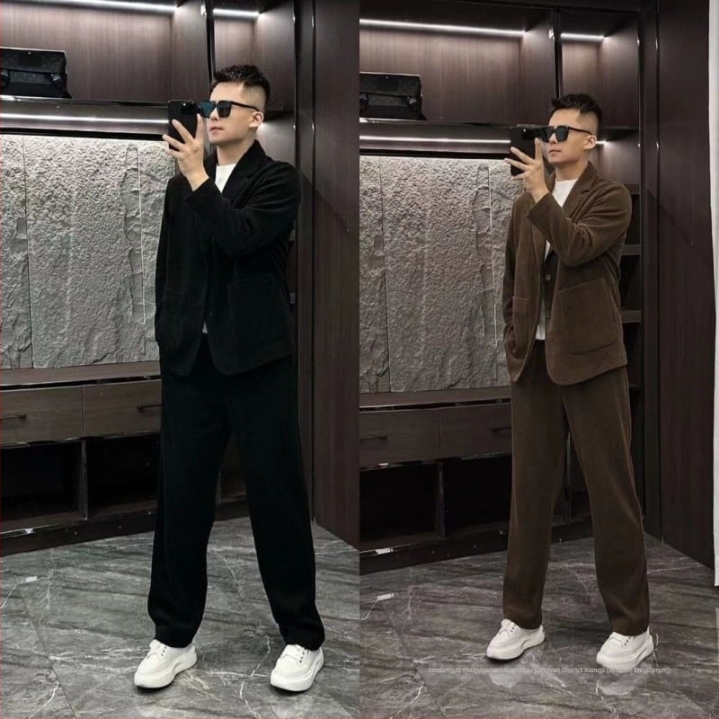 Ανδρικό corduroy κοστούμι – χειμερινό, slim fit, flat lapel, single-breasted