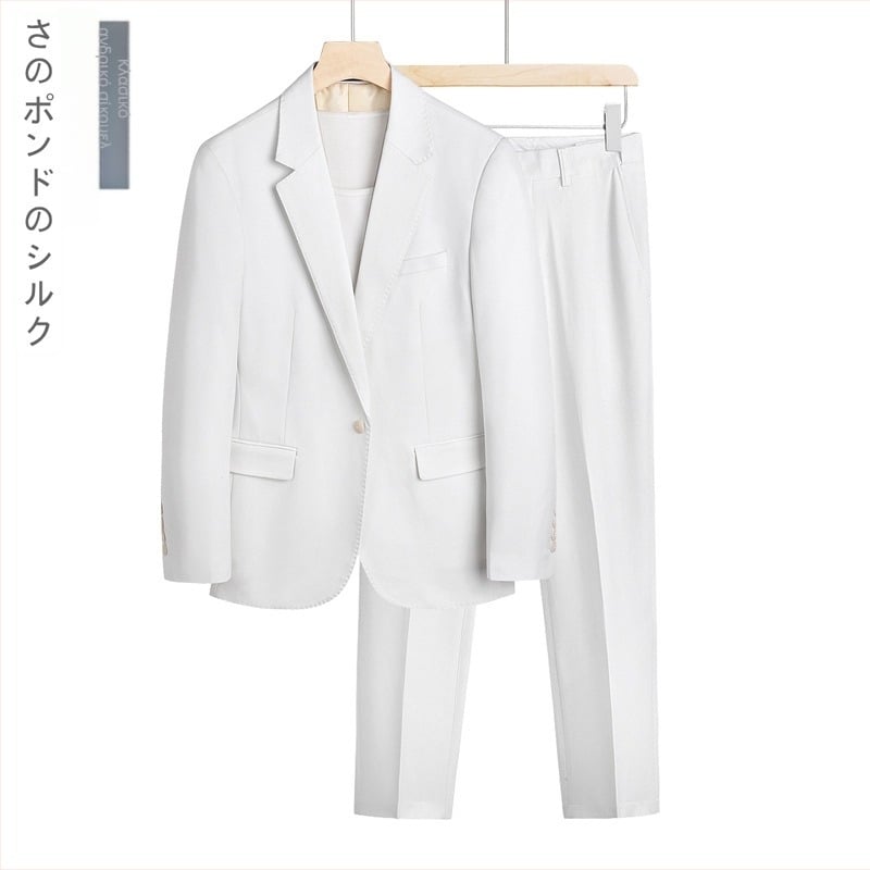 Ανδρικό Κοστούμι 2 τεμαχίων Slim-Fit για γαμπρό – Bonded επένδυση, ύφασμα 70% ακέτα ίνας, ίσια γραμμή γιακά, ένα κουμπί, πλευρικοί σχισμοί, για τέσσερις εποχές