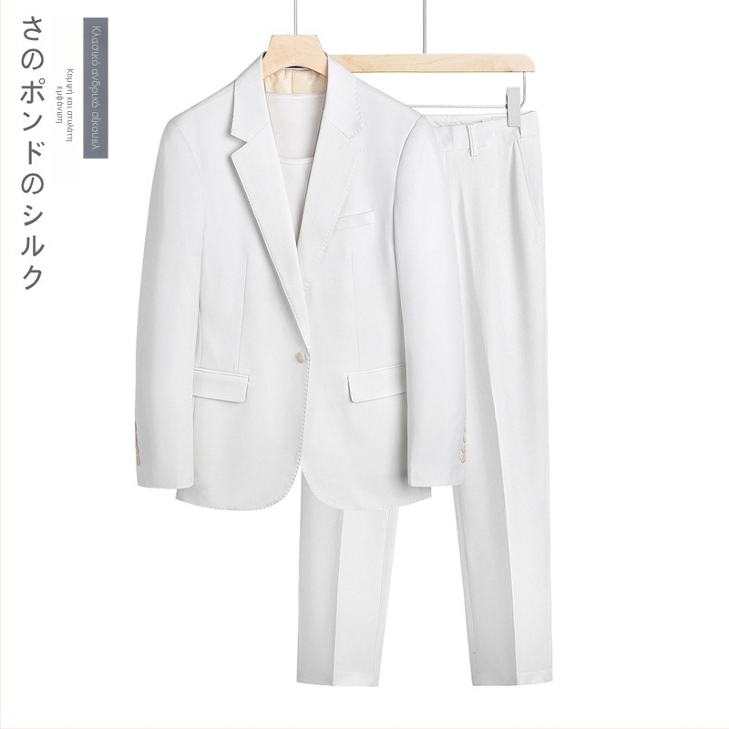 Ανδρικό Κοστούμι 2 τεμαχίων Slim-Fit για γαμπρό – Bonded επένδυση, ύφασμα 70% ακέτα ίνας, ίσια γραμμή γιακά, ένα κουμπί, πλευρικοί σχισμοί, για τέσσερις εποχές
