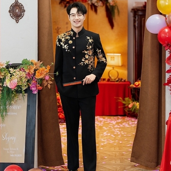 Ανδρικό κοστούμι Zhongshan για γάμο με σταθερό γιακά, πέντε κουμπιά σε σειρά, εφαρμοστό στυλ, πολυεστερική ίνα, κεντήματα
