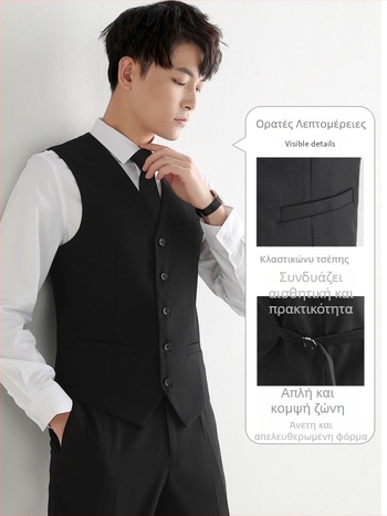 Slim ανδρικό γιλέκο – μονόκουμπωτο, без γιακά, πολυεστερικό ύφασμα με επένδυση πολυεστέρα, πολλαπλές τσέπες, ελαφρύ επιχειρηματικό στυλ