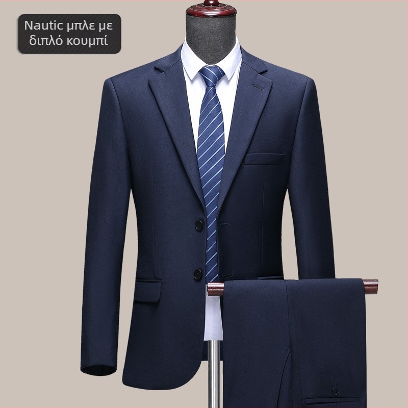 Ανδρικό κοστούμι από μαλλί, slim-fit γραμμή, επίπεδο πέτο, μονόμπουτον με δύο κουμπιά, μονόχρωμο, χωρίς σιδέρωμα