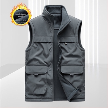 Ανδρικό γιλέκο με κουκούλα, fleece επένδυση, σχέδιο με ρίγες, όρθιος γιακά, φερμουάρ