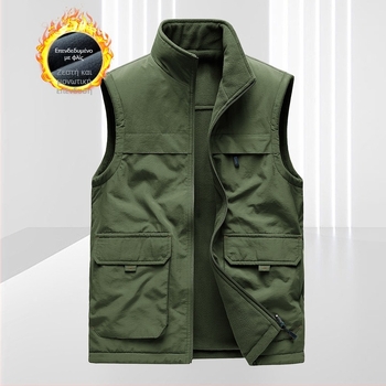 Ανδρικό γιλέκο με κουκούλα, fleece επένδυση, σχέδιο με ρίγες, όρθιος γιακά, φερμουάρ