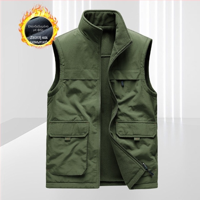 Ανδρικό γιλέκο με κουκούλα, fleece επένδυση, σχέδιο με ρίγες, όρθιος γιακά, φερμουάρ
