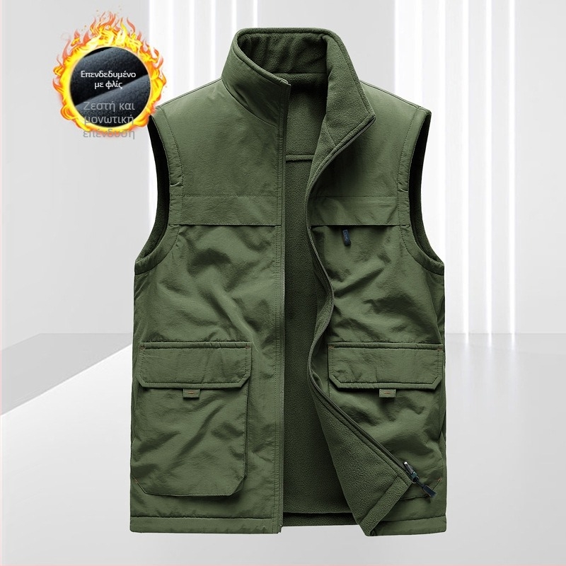 Ανδρικό γιλέκο με κουκούλα, fleece επένδυση, σχέδιο με ρίγες, όρθιος γιακά, φερμουάρ