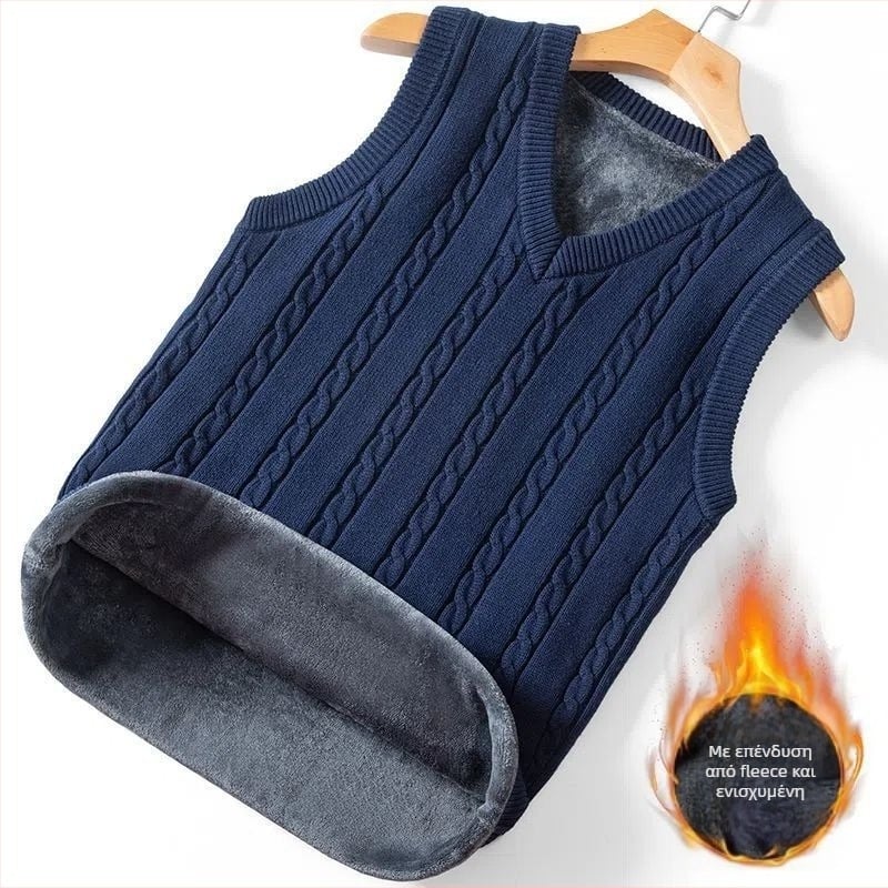 Ανδρικό πλεκτό γιλέκο χωρίς μανίκια, με κουκούλα, V-λαιμό, ριγέ μοτίβο, παχύ ύφασμα