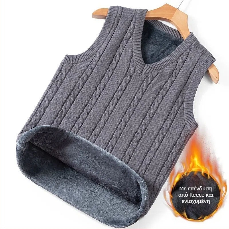 Ανδρικό πλεκτό γιλέκο χωρίς μανίκια, με κουκούλα, V-λαιμό, ριγέ μοτίβο, παχύ ύφασμα