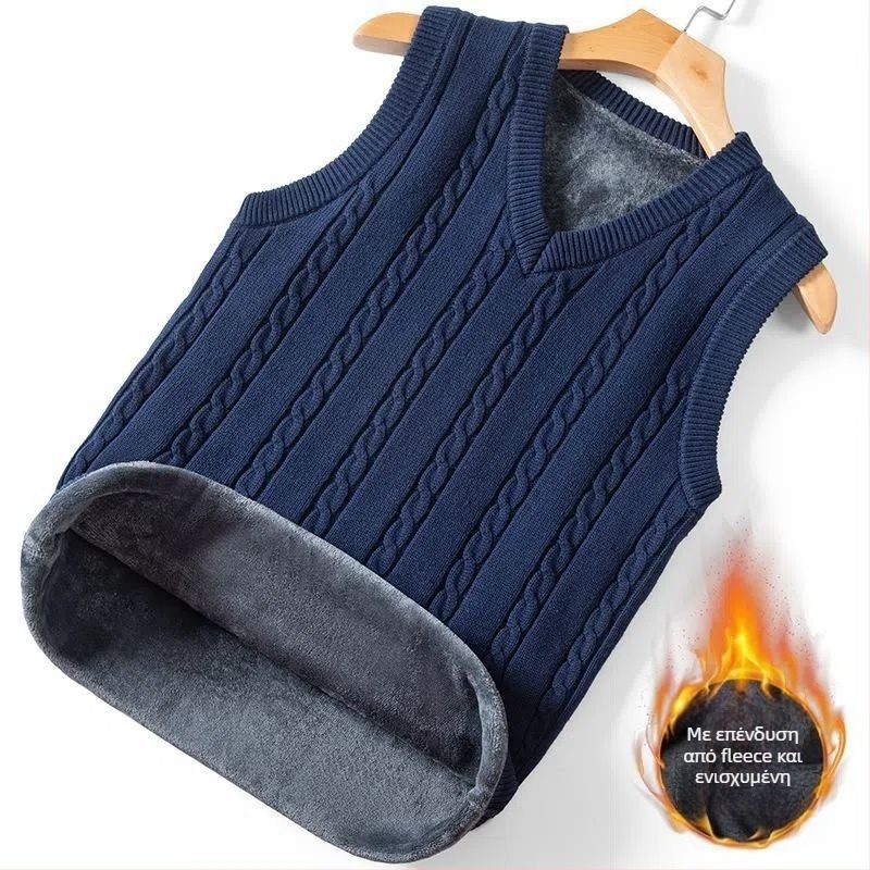 Ανδρικό πλεκτό γιλέκο χωρίς μανίκια, με κουκούλα, V-λαιμό, ριγέ μοτίβο, παχύ ύφασμα