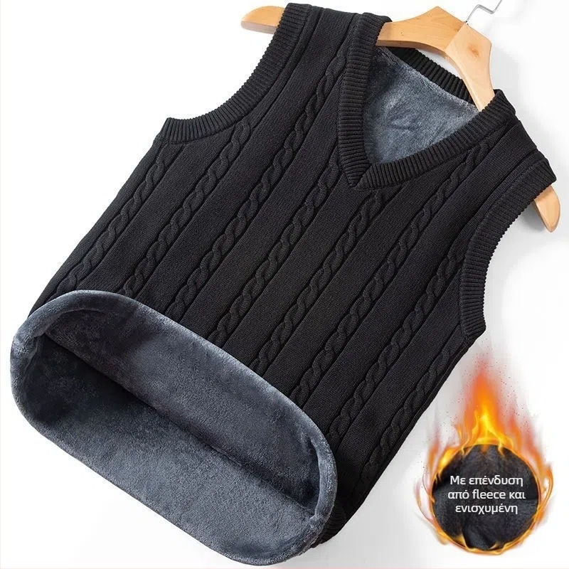 Ανδρικό πλεκτό γιλέκο χωρίς μανίκια, με κουκούλα, V-λαιμό, ριγέ μοτίβο, παχύ ύφασμα