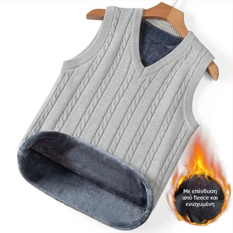 Ανδρικό πλεκτό γιλέκο χωρίς μανίκια, με κουκούλα, V-λαιμό, ριγέ μοτίβο, παχύ ύφασμα